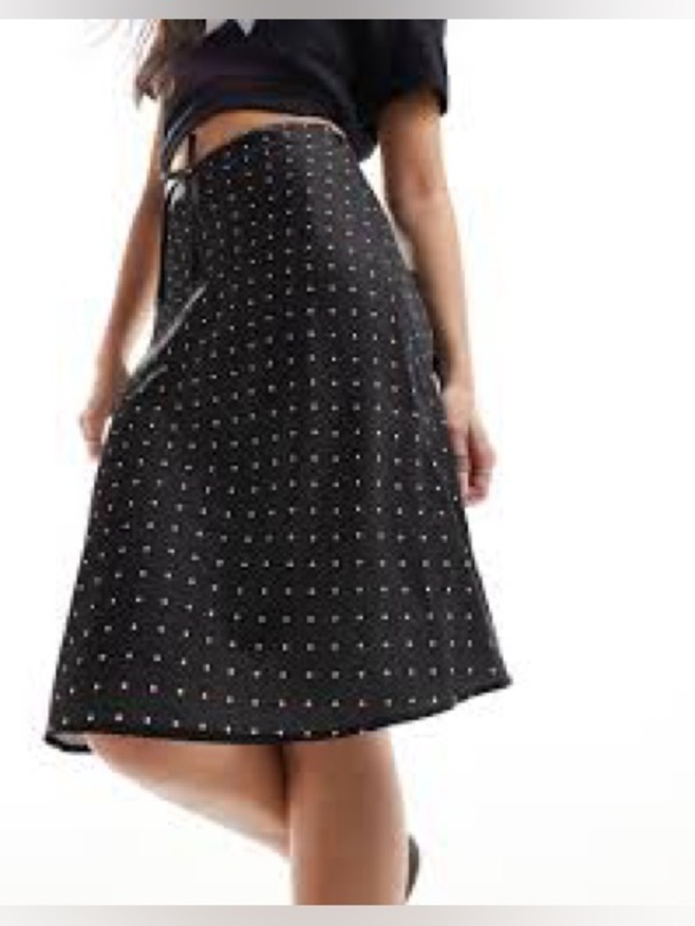 Monki Black Polka Dot Midi Skirt with Drawstring